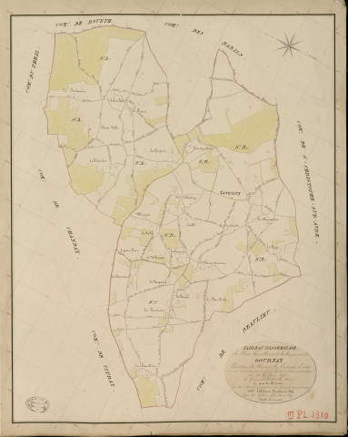 Gournay-le-Guérin. Tableau d'assemblage _ du Plan Parcellaire de la Commune de Gournay _ Canton de Verneuil - Evreux - Eure. _ Terminé sur le Terrain le 10 Février 1836, sous l'administration de M. A. Passy, Préfet _ M. Gouyer de Petitville, Maire _ et sous la Direction de M. Marel, Directeur des Contributions directes _ M. Le Fébure, Géomètre en Chef. _ Par M. Lefebure, Géomètre de 1re classe.