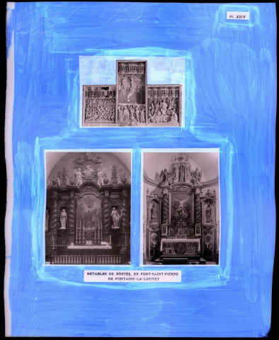 "Histoire générale du diocèse d'Évreux" du chanoine Bonnenfant tome I, planche XXIV retables des églises de Saint-Léger-de-Rôtes (Eure), Pont-Saint-Pierre (Eure) et Fontaine-la-Louvet (Eure).