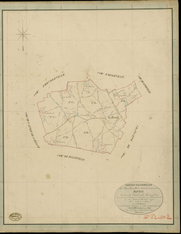 Favril (Le). Tableau d'assemblage _ du Plan Parcellaire de la Commune de Favril _ Canton de Thiberville - Bernay - Eure. _ Terminé sur le Terrain le 25 Mars 1846 , sous l'administration de M. Petit de Bantel, Préfet _ M. Salerne, Maire _ sous la Direction de M.Violas de Martigny, Directeur des Contributions directes _ M. Le Fébure, Géomètre en Chef. _ Par M. Buquet, Géomètre de 1re classe.