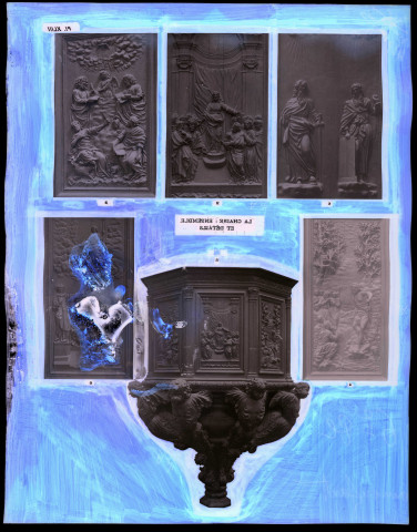 "Notre-Dame d'Évreux" du chanoine Bonnenfant, planche XLIII Cathédrale Notre-Dame d'Évreux (Eure), chaire, ensemble et détails.