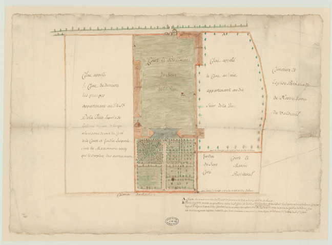 Vaudreuil (Le) - Plan des manoir, colombier, bâtiments, jardins et clos appartenant au sieur de La Rive sur la paroisse Notre-Dame-du-Vaudreuil. *
