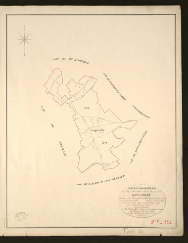 Angoville. Tableau d'assemblage _ du Plan Parcellaire de la Commune d'Angoville _ Canton de Bourgtheroulde - Pontaudemer - Eure. _ Terminé sur le terrain en 1828, sous l'administration de M.le Vicomte Raymond Delaitre, Préfet _ M. Bosquier, maire _ en sous la Direction de M. Hurtrelle, Directeur des Contributions directes. _ M. Hautier, Géomètre en Chef. _ Par M. Letailleur, Géomètre de 1re classe.