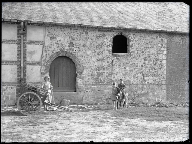 Jeunes enfants et leur âne dans une cour de ferme normande.