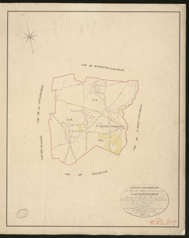 Saint-Aquilin-d'Augeron. Tableau d'assemblage _ du Plan Parcellaire de la Commune de _ Saint-Aquilin-d'Augeron _ Canton de Broglie - Bernay - Eure. _ Terminé sur le terrain le 10 mai 1831 sous l'administration _ de Mr Passy, Préfet _ Mr Hamel, Maire _ et sous la direction _ de Mr Marel, directeur des Contributuions directes _ Mr Lefébure, géomètre en chef. _ Par Mr Depoilly, Géomètre de 1ère classe _ Echelle de 1 à 10,000