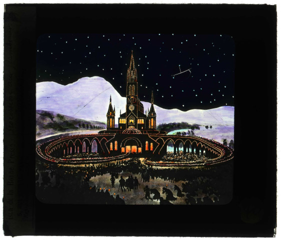 Dessin d'une procession aux flambeaux et sanctuaires illuminés à Lourdes (Hautes-Pyrénées).