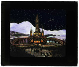 Dessin d'une procession aux flambeaux et sanctuaires illuminés à Lourdes (Hautes-Pyrénées).