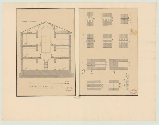 Angleterre _"Prisons d'Angleterre. Projet pour la construction des cellules suivant Messieurs Crawford et Russel". Coupe transversale cotée sur un bâtiment _ "Pénitenciers d'Angleterre. Coupes de murs d'essai pour la séparation des cellules".