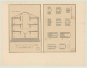 Angleterre _"Prisons d'Angleterre. Projet pour la construction des cellules suivant Messieurs Crawford et Russel". Coupe transversale cotée sur un bâtiment _ "Pénitenciers d'Angleterre. Coupes de murs d'essai pour la séparation des cellules".