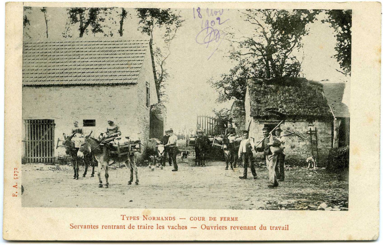 Divers. Types Normands - Cour de Ferme - Servantes rentrant de traire les vaches - Ouvriers revenant du travail.