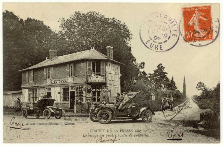 Folleville. Circuit de la Presse 1907-Le virage des Quatre Routes de Folleville.