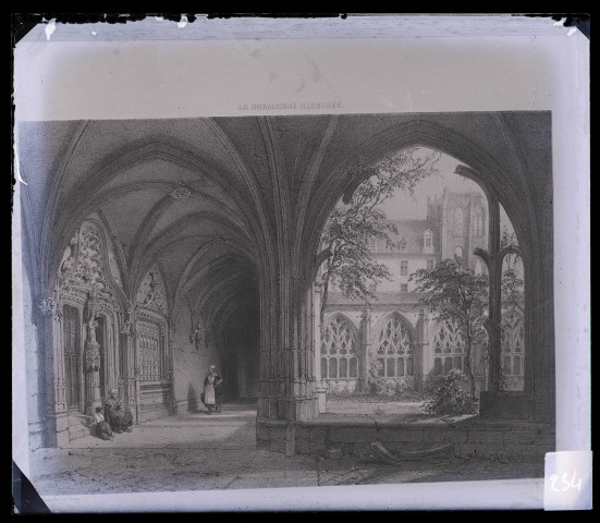 Abbaye de Saint-Wandrille à Saint-Wandrille-Rançon (Seine-Maritime), cloître, lithographie extraite de "La Normandie Illustrée".