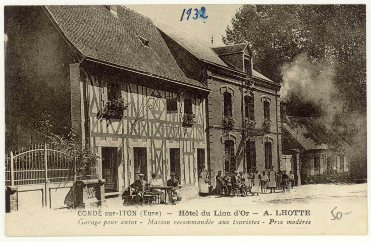 Condé-sur-Iton. Hôtel du Lion d'Or- A-L'HOTTE- Garage pour autos- Maison recommandée aux touristes- Prix modérés.