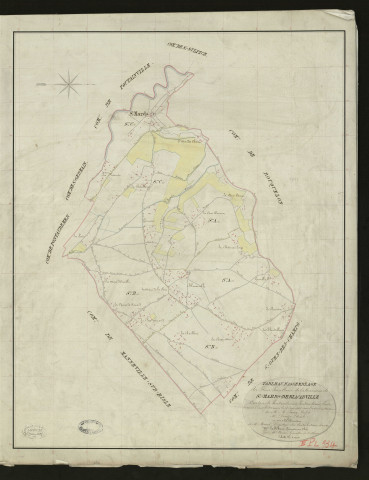 Saint-Mards-de-Blacarville. Tableau d'assemblage _ du Plan Parcellaire de la Commune de Saint Mards-de-Blacarville _ Canton de Pontaudemer - Pontaudemer - Eure. _ Terminé sur le Terrain le 13 aout 1835, sous l'administration de M. A Passy, Préfet _ M. Denize, Maire _ sous la Direction de M.Marel, Directeur des Contributions directes _ M. Le Fébure, Géomètre en Chef. _ Par M. Canu, Géomètre de 1re classe.