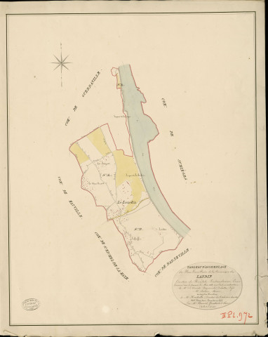 Landin (Le). Tableau d'assemblage _ du Plan Parcellaire de la Commune de Landin _ Canton de Routot - Pontaudemer - Eure. _ Terminé sur le Terrain le Mai 1826 , sous l'administration de M.Le Vicomte Raymond Delaitre, Préfet _ M. Bisson, Maire _ sous la Direction de M.Hurtrelle, Directeur des Contributions directes _ M. Hautier, Géomètre en Chef. _ Par M. Chainot, Géomètre de 1re classe.
