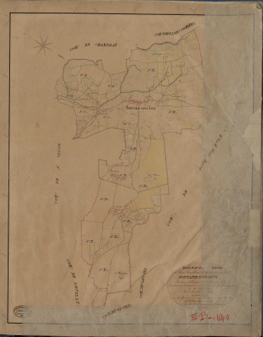Fontaine-sous-Jouy. Tableau d'assemblage _ du Plan Parcellaire de la Commune de Fontaine sous Jouy _ Canton de Evreux Sud - Evreux - Eure. _ Terminé sur le Terrain le 14 Aout 1842, sous l'administration de M. Zédé, Préfet _ M. Dehaumont, Maire _ sous la Direction de M. Garnier, Directeur des Contributions directes _ M. Le Fébure, Géomètre en Chef. _ Par M. Pizier, Géomètre de 1re classe.