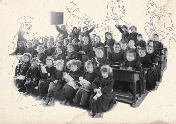 Classe d'école primaire au début du siècle. Bancs où sont assis les élèves