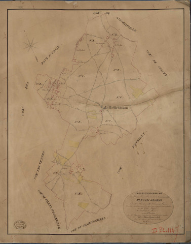 Plessis-Grohan (Le). Tableau d'assemblage _ du Plan Parcellaire de la Commune de Plessis Grohan _ Canton de Evreux Sud - Evreux - Eure. _ Terminé sur le Terrain le 10 Avril 1841, sous l'administration de M. Zédé, Préfet _ M. Saudbreuil, Maire _ sous la Direction de M. Garnier, Directeur des Contributions directes _ M. Le Fébure, Géomètre en Chef. _ Par M. Canu, Géomètre de 1re classe.