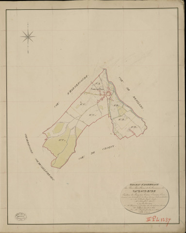 Vaux-sur-Eure. Tableau d'assemblage _ du Plan Parcellaire de la Commune de Vaux sur Eure _ Canton de Pacy sur Eure - Evreux - Eure. _ Terminé sur le Terrain le 23 Mars 1852, sous l'administration de M. Le Comte Guyot, Préfet _ M. Lebagle, Maire _ et sous la Direction de M. Chauveau, Directeur des Contributions directes _ M. Lefébure, Géomètre en Chef. _ Par M. Lenglet, Géomètre de 1re classe.
