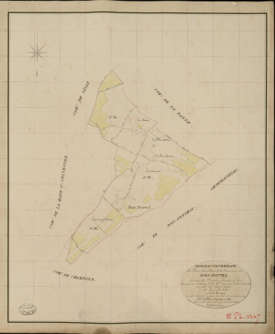 Bois-Nouvel. Tableau d'assemblage _ du Plan Parcellaire de la Commune de Bois-Nouvel _ Canton de Rugles - Evreux - Eure. _ Terminé sur le Terrain le 29 Novembre 1835, sous l'administration de M. A Passy, Préfet _ M. Goment, Maire _ et sous la Direction de M. Marel, Directeur des Contributions directes _ M. Lefébure, Géomètre en Chef. _ Par M. Girard, Géomètre de 1re classe.
