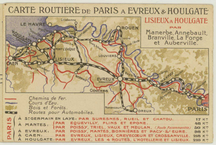 Evreux-Ville. Carte routière de Paris à Evreux et Houlgate.
