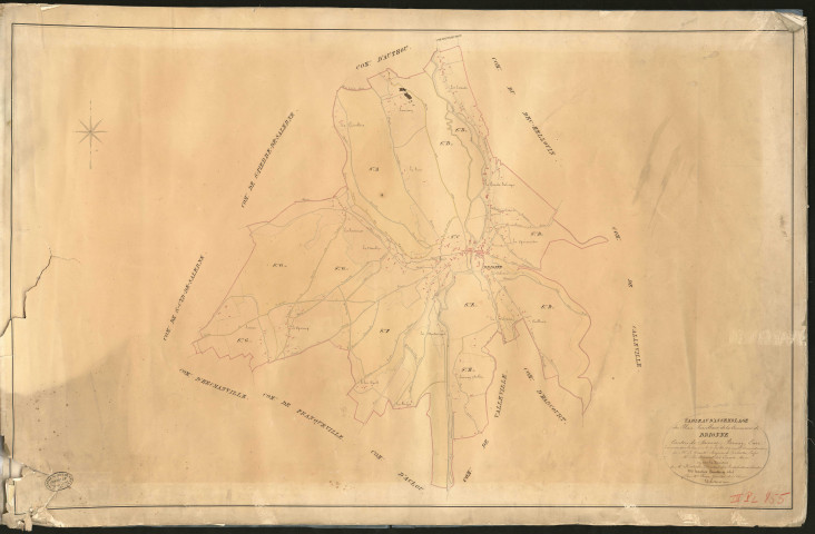 Brionne. Tableau d'assemblage du Plan Parcellaire de la Commune de Brionne. _ Canton de Brionne - Bernay - Eure. _ Terminé sur le terrain le 2 juillet 1827, sous l'administration de M. Le Vicomte Raymond Delaitre, Préfet - M. De Frémont des Essarts, Maire et sous la direction de M. Hurtelle, Directeur des Contributions directes. _ M. Hautier, Géomètre en Chef. _ Par M. Canu, Géomètre de 1re classe