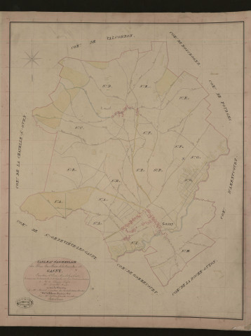 Gasny. Tableau d'assemblage du Plan Parcellaire de la Commune de Gasny. _ Canton d'Ecos - Andelys - Eure. _ Terminé sur le terrain le 12 décembre 1836, sous l'administration de M. A Passy, Préfet - M. Brault, Maire et sous la direction de M. Marel, Directeur des Contributions directes. _ M. Le Fébure, Géomètre en Chef. _ Par M. Lefebvre, Géomètre de 1re classe