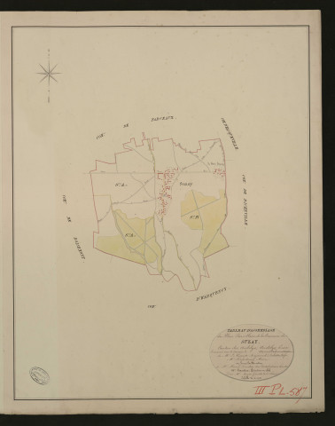 Suzay. Tableau d'assemblage du Plan Parcellaire de la Commune de Suzay. _ Canton des Andelys - Andelys, Eure. _ Terminé sur le terrain en 1830, sous l'administration de M. Le Vicomte Raymond Delaitre, Préfet - M. Defontenay, Maire et sous la direction de M. Marel, Directeur des Contributions directes. _ - M. Hautier, Géomètre en Chef. _ Par M. Roger, Géomètre de 1re classe.
