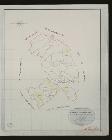Sainte-Marguerite-en-Ouche. Tableau d'assemblage _ du Plan Parcellaire de la Commune de Ste-Marguerite-en-Ouche. _ Canton de Beaumesnil - Bernay - Eure. _ Terminé sur le terrain le 28 avril 1833 sous l'administration de M. A. Passy, Préfet _ M.Laprêtey maire _ en sous la Direction de M. Marel, Directeur des Contributions directes. _ M. Le Fébure, Géomètre Chef. _ Par M. Gondevin, Géomètre de 1re classe.