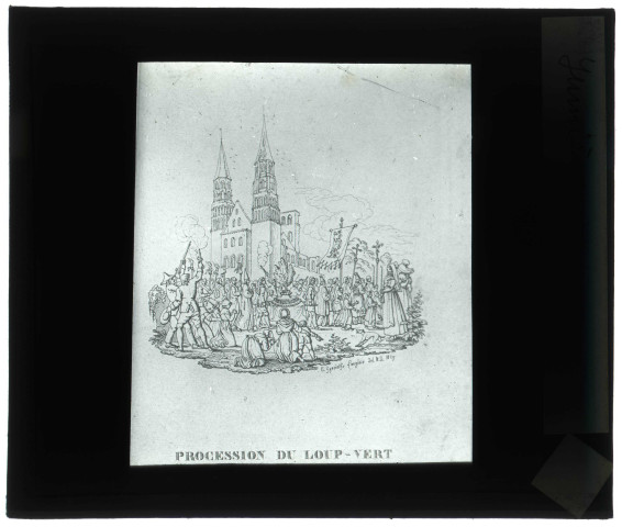 Abbaye Saint-Pierre de Jumièges (Seine-Maritime), gravure de Langlois "La procession du Loup vert" vers 1829.