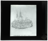 Abbaye Saint-Pierre de Jumièges (Seine-Maritime), gravure de Langlois "La procession du Loup vert" vers 1829.