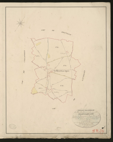 Tilleul-Dame-Agnès. Tableau d'assemblage du Plan Parcellaire de la Commune de Tilleul-Dame-Agnès _ Canton de Beaumont-le-Roger - Bernay - Eure. _ Terminé sur le terrain le 1826, sous l'administration de M. Le Vicomte Raymond Delaitre, Préfet - M. TessenCourst, Maire et sous la direction de M. Hurtelle, Directeur des Contributions directes. _ M. Hautier, Géomètre en Chef. _ Par M. Folin, Géomètre de 1re classe