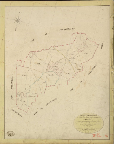 Crestot. Tableau d'assemblage _ du Plan Parcellaire de la Commune de Crestot _ Canton de Neubourg - Louviers - Eure. _ Terminé sur le Terrain le 26 Mars 1846, sous l'administration de M. Petit de Bantel, Préfet _ M. Corde, Maire _ et sous la Direction de M. Violas de Matigny, Directeur des Contributions directes _ M. Le Fébure, Géomètre en Chef. _ Par M. Drouet, Géomètre de 1re classe.