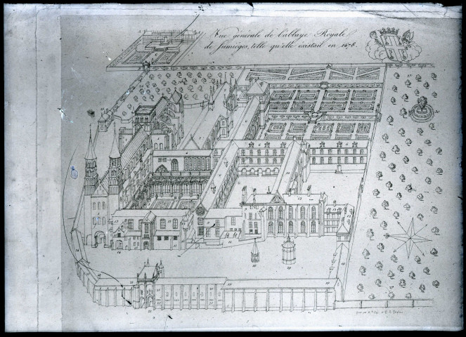 Plan en perspective cavalière de l'abbaye de Jumièges (Seine-Maritime), telle qu'elle existait en 1678.