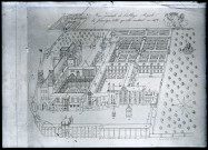 Plan en perspective cavalière de l'abbaye de Jumièges (Seine-Maritime), telle qu'elle existait en 1678.