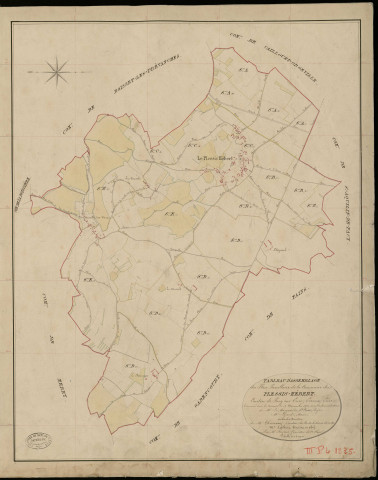 Plessis-Hébert (Le). Tableau d'assemblage _ du Plan Parcellaire de la Commune de Plessis-Hébert _ Canton de Pacy sur Eure - Evreux - Eure. _ Terminé sur le Terrain le 14 Novembre 1852, sous l'administration de M. Le Marquis de Ste Croix, Préfet _ M. Lejard, Maire _ et sous la Direction de M. Chauveau, Directeur des Contributions directes _ M. Lefébure, Géomètre en Chef. _ Par M. Buguet, Géomètre de 1re classe.