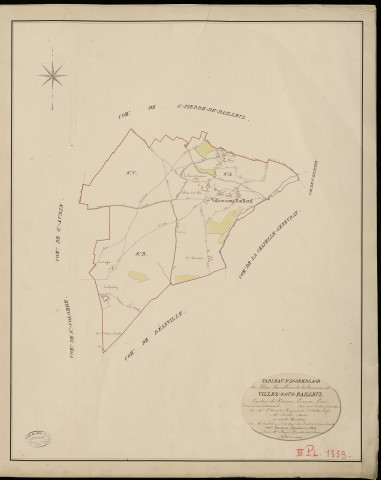 Villez-sous-Bailleul. Tableau d'assemblage _ du Plan Parcellaire de la Commune de Villez-sous-Bailleul _ Canton de Vernon - Evreux - Eure. _ Terminé sur le Terrain en 1825, sous l'administration de M. Le Vicomte Raymond Delaitre, Préfet _ M. Portier, Maire _ et sous la Direction de M. Aubelin, Directeur des Contributions directes _ M. Hautier, Géomètre en Chef. _ Par M. Roger, Géomètre de 1re classe.