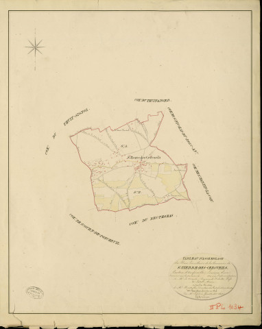 Saint-Pierre-des-Fleurs. Tableau d'assemblage _ du Plan Parcellaire de la Commune de St Pierre-des-Cercueils _ Canton d'Amfreville - Louviers - Eure. _ Terminé sur le Terrain en 1828 , sous l'administration de M. Le Vicomte Raymond Delaître , Préfet _ M. Petel, Maire _ sous la Direction de M.Hurtrelle, Directeur des Contributions directes _ M. Hautier, Géomètre en Chef. _ Par M. Lefebure, Géomètre de 1re classe.