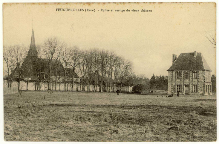 Feuguerolles. Eglise et vestige du vieux château.