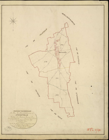 Surtauville. Tableau d'assemblage _ du Plan Parcellaire de la Commune de Surtauville _ Canton de Louviers - Louviers - Eure. _ Terminé sur le Terrain en 1823, sous l'administration de M. Le Vicomte Raymond Delaitre, Préfet _ M. Ferrand, Maire _ et sous la Direction de M. Boullenger, Directeur des Contributions directes _ M. Hautier, Géomètre en Chef. _ Par M. Meunier, Géomètre de 1re classe.