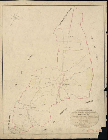 Grossœuvre. Tableau d'assemblage _ du Plan Parcellaire de la Commune de Grossoeuvre _ Canton de Saint André - Evreux - Eure. _ Terminé sur le Terrain le 7 Juin 1837, sous l'administration de M. Passy, Préfet _ M. Cissay, Maire _ et sous la Direction de M. Marel, Directeur des Contributions directes _ M. Le Fébure, Géomètre en Chef. _ Par M. Letailleur, Géomètre de 1re classe.