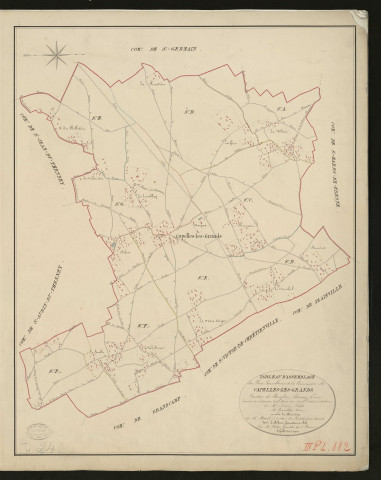 Capelle-les-Grands. Tableau d'assemblage _ du Plan Parcellaire de la Commune de Capelles-les-Grands _ Canton de Broglie - Bernay - Eure. _ Terminé sur le Terrain le 14 mars 1831, sous l'administration de M. Passy, Préfet _ M. Gueroude, Maire _ sous la Direction de M. Martel, Directeur des Contributions directes _ M. Le Fébure, Géomètre en Chef. _ Par M. Forin, Géomètre de 1re classe.