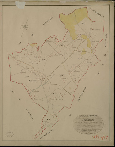 Etreville. Tableau d'assemblage _ du Plan Parcellaire de la Commune d'Etreville _ Canton de Routot - Pontaudemer - Eure. _ Terminé sur le Terrain le 25 juillet 1826 , sous l'administration de M.Le Vicomte Raymond Delaitre, Préfet _ M. Nourry, Maire _ sous la Direction de M.Hurtrelle, Directeur des Contributions directes _ M. Hautier, Géomètre en Chef. _ Par M. Canu, Géomètre de 1re classe.