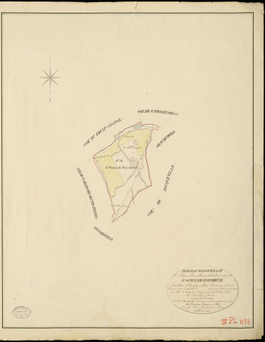 Saint-Ouen-de-Pontcheuil. Tableau d'assemblage _ du Plan Parcellaire de la Commune de St Ouen-de-Poncheuil _ Canton d'Amfreville - Louviers - Eure. _ Terminé sur le Terrain en 1828 , sous l'administration de M. Le Vicomte Raymond Delaître , Préfet _ M. Framery, Maire _ sous la Direction de M.Hurtrelle, Directeur des Contributions directes _ M. Hautier, Géomètre en Chef. _ Par M. Folin, Géomètre de 1re classe.