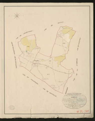 Romilly-près-Bougy. Tableau d'assemblage du Plan Parcellaire de la Commune de Romilly _ Canton de Beaumont-le-Roger - Bernay - Eure. _ Terminé sur le terrain le 1826, sous l'administration de M. Le Vicomte Raymond Delaitre, Préfet - M. Odieuvre, Maire et sous la direction de M. Hurtelle, Directeur des Contributions directes. _ M. Hautier, Géomètre en Chef. _ Par M. Pilfert, Géomètre de 1re classe