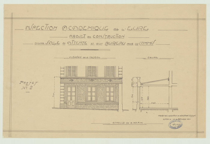 Evreux _"Bureaux de l'Inspection académique. Projet de construction d'une salle d'attente et d'un bureau pour les commis. Projet n° 2".