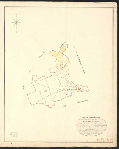 Haye-de-Calleville (La). Tableau d'assemblage du Plan Parcellaire de la Commune de La Haye-de-Calleville. _ Canton de Brionne - Bernay - Eure. _ Terminé sur le terrain en 1827, sous l'administration de M. Le Vicomte Raymond Delaitre, Préfet - M. Haubert, Maire et sous la direction de M. Hurtelle, Directeur des Contributions directes. _ M. Hautier, Géomètre en Chef. _ Par M. Girard, Géomètre de 1re classe