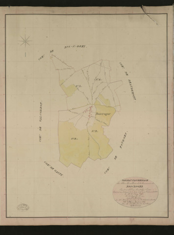 Bosc-Roger-sous-Baquet. Tableau d'assemblage du Plan Parcellaire de la Commune de Boscroger. _ Canton d'Ecos - Andelys, Eure. _ Terminé sur le terrain le 4 juin 1836, sous l'administration de M. A. Passy, Préfet - M. Delaporte, Maire et sous la direction de M. Marel, Directeur des Contributions directes. _ - M. Le Fébure, Géomètre en Chef. _ Par M. Letailleur, Géomètre de 1re classe.