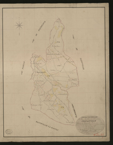 Equainville. Tableau d'assemblage _ du Plan Parcellaire de la Commune d'Equainville _ Canton de Beuzeville - Pontaudemer - Eure. _ Terminé sur le terrain le 12 octobre 1833, sous l'administration de M. A Passy, Préfet _ M. Patin, maire _ en sous la Direction de M. Marel, Directeur des Contributions directes. _ M. Le Fébure, Géomètre en Chef. _ Par M. Gondevin, Géomètre de 1re classe.