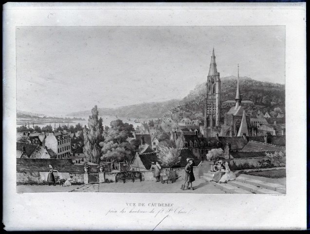 Lithographie représentant une vue de Caudebec-en-Caux (Seine-Maritime) prise des hauteurs du faubourg Saint-Clair.