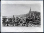 Lithographie représentant une vue de Caudebec-en-Caux (Seine-Maritime) prise des hauteurs du faubourg Saint-Clair.